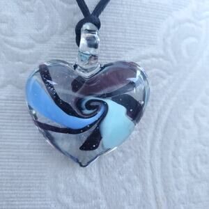 Handmade Purple Black Blue Heart Glass Pendant Black Adjustable Cord